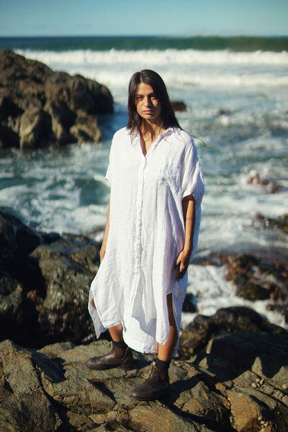 Montaigne Simone Short Sleeve Linen Dress White1