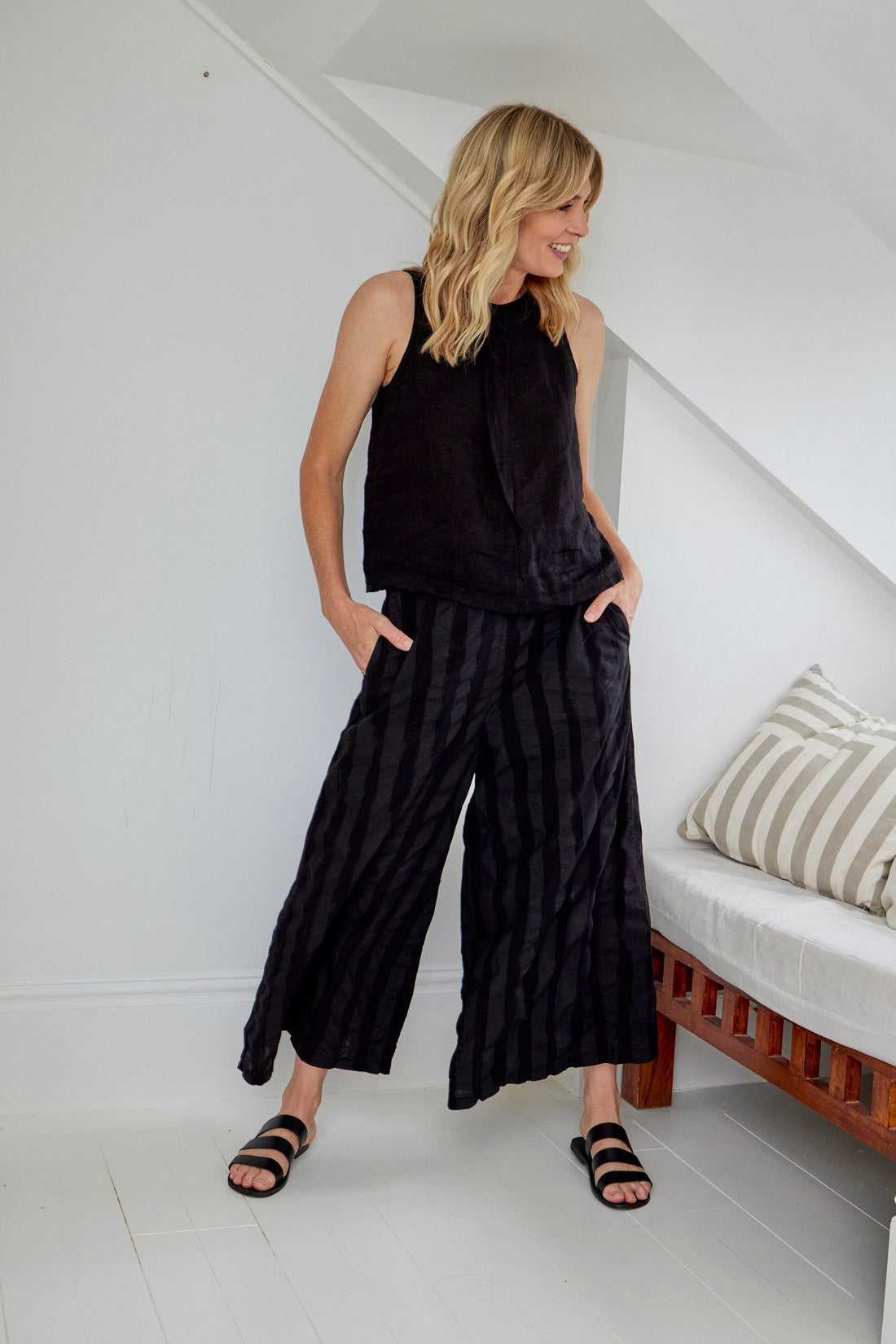 Montaigne Solange Cotton Stripe Pants Black1