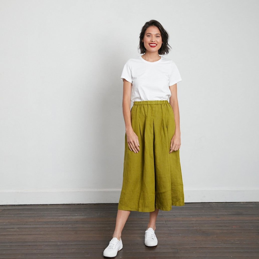 Montaigne Solid Linen Culottes Acid Green1