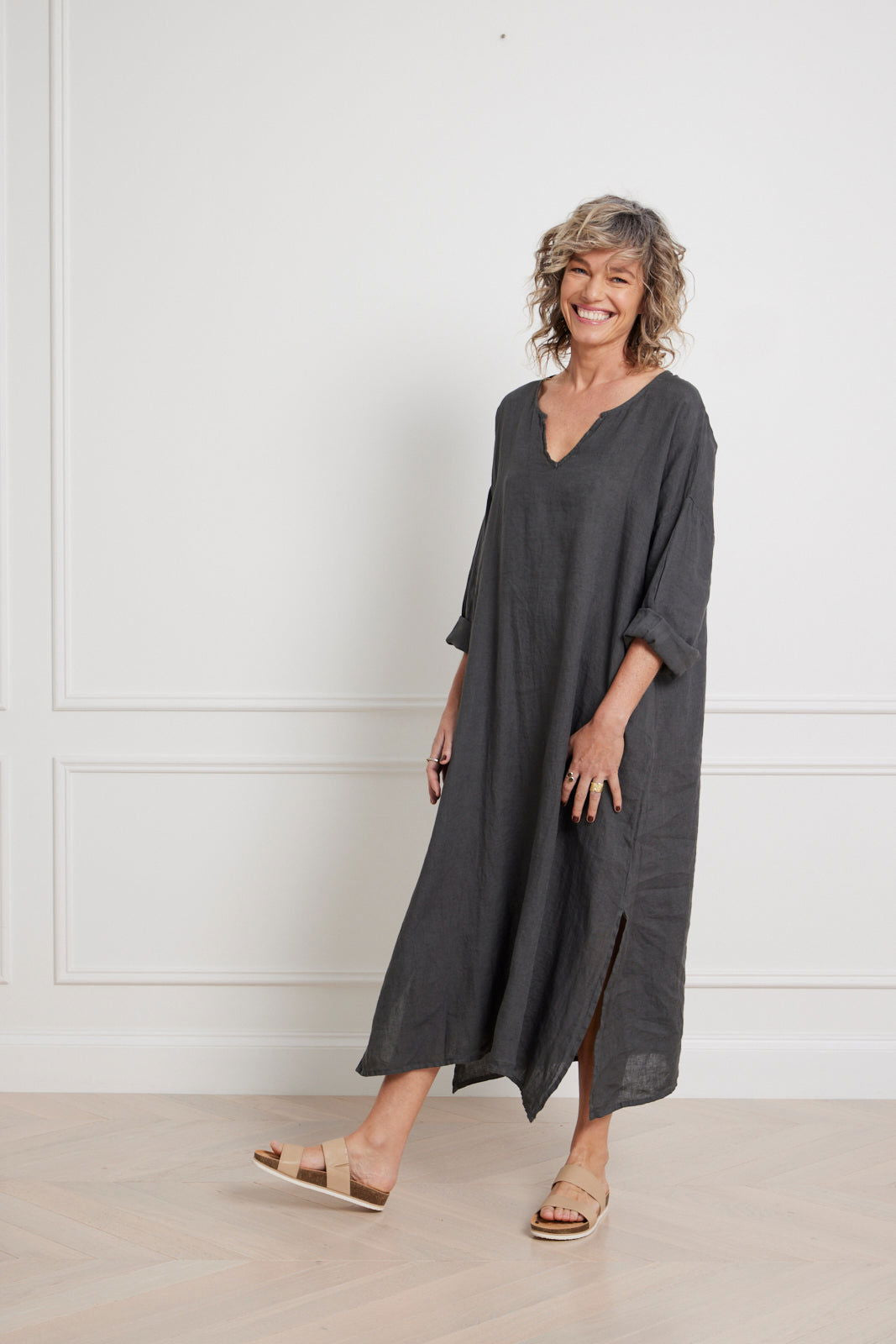 Montaigne Sophie Linen Kaftan Dress Petrol1
