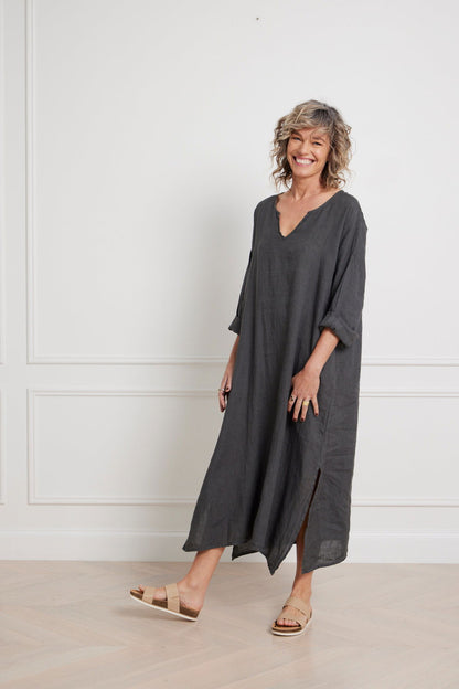 Montaigne Sophie Linen Kaftan Dress Petrol1