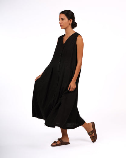 Montaigne Sorrento Button-Through French Linen V-Neck Dress Black