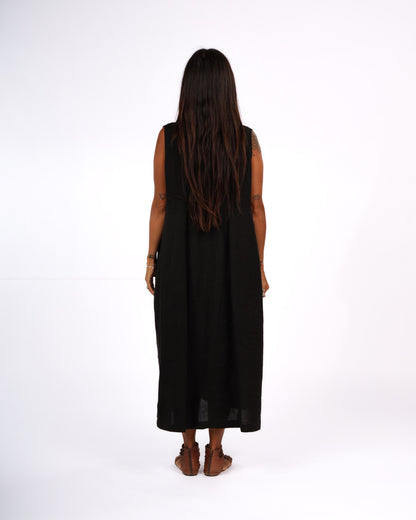 Montaigne Sorrento Button-Through French Linen V-Neck Dress Black2