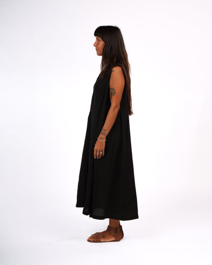 Montaigne Sorrento Button-Through French Linen V-Neck Dress Black3