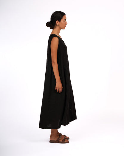 Montaigne Sorrento Button-Through French Linen V-Neck Dress Black4