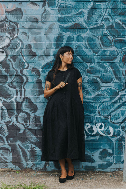 Montaigne Sorrento Button-Through French Linen V-Neck Dress Black