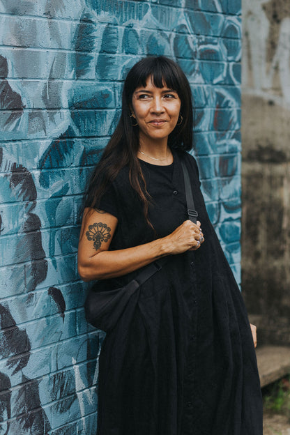 Montaigne Sorrento Button-Through French Linen V-Neck Dress Black