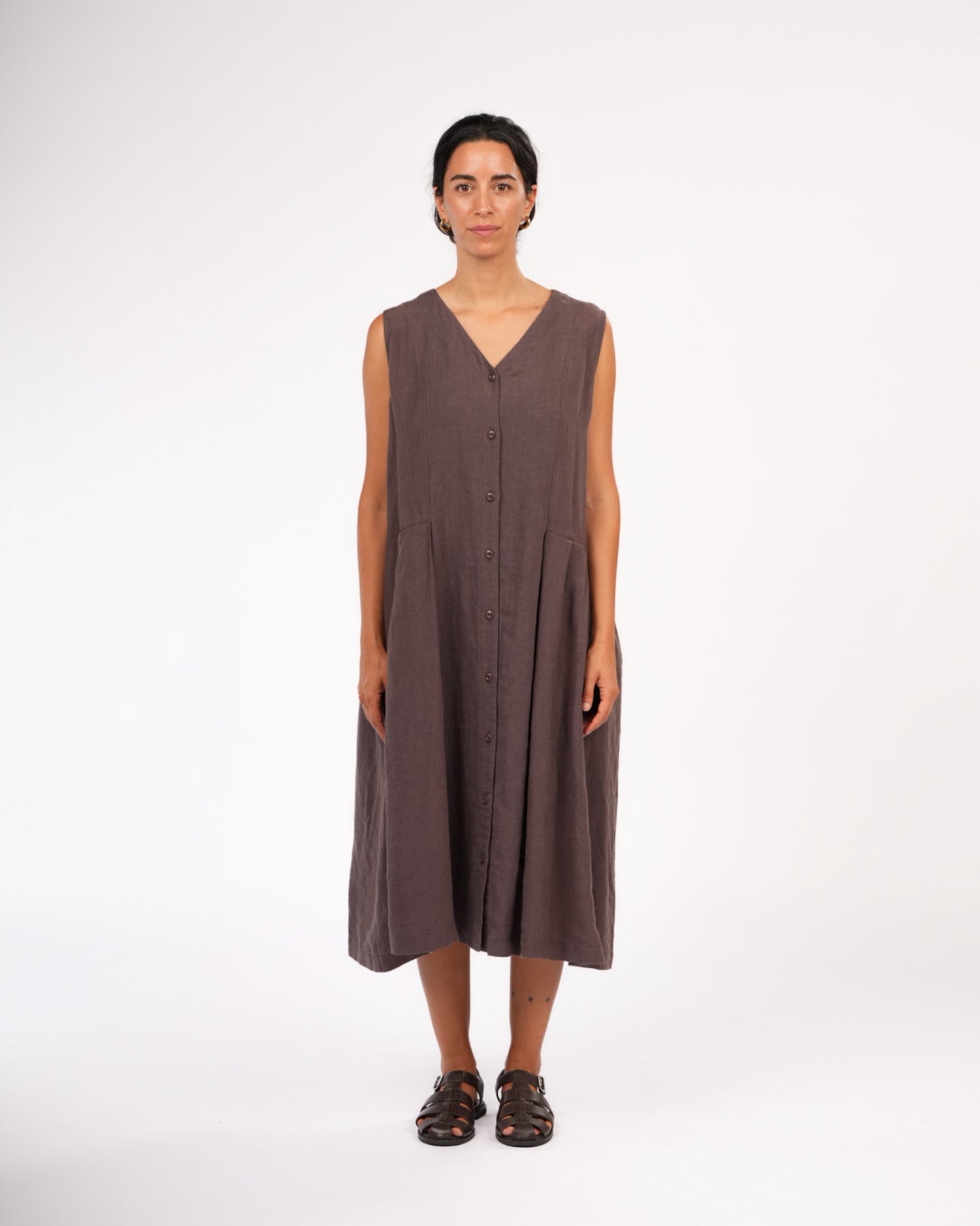 Montaigne Sorrento Button-Through French Linen V-Neck Dress Brown