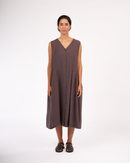 Montaigne Sorrento Button-Through French Linen V-Neck Dress Brown
