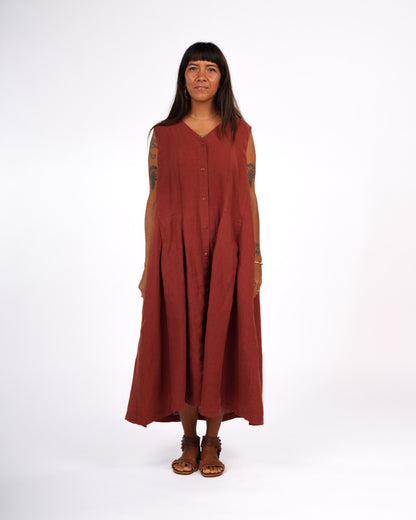 Montaigne Sorrento Button-Through French Linen V-Neck Dress Rust