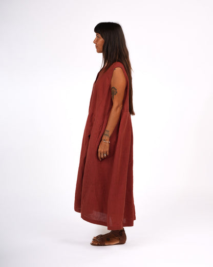 Montaigne Sorrento Button-Through French Linen V-Neck Dress Rust1