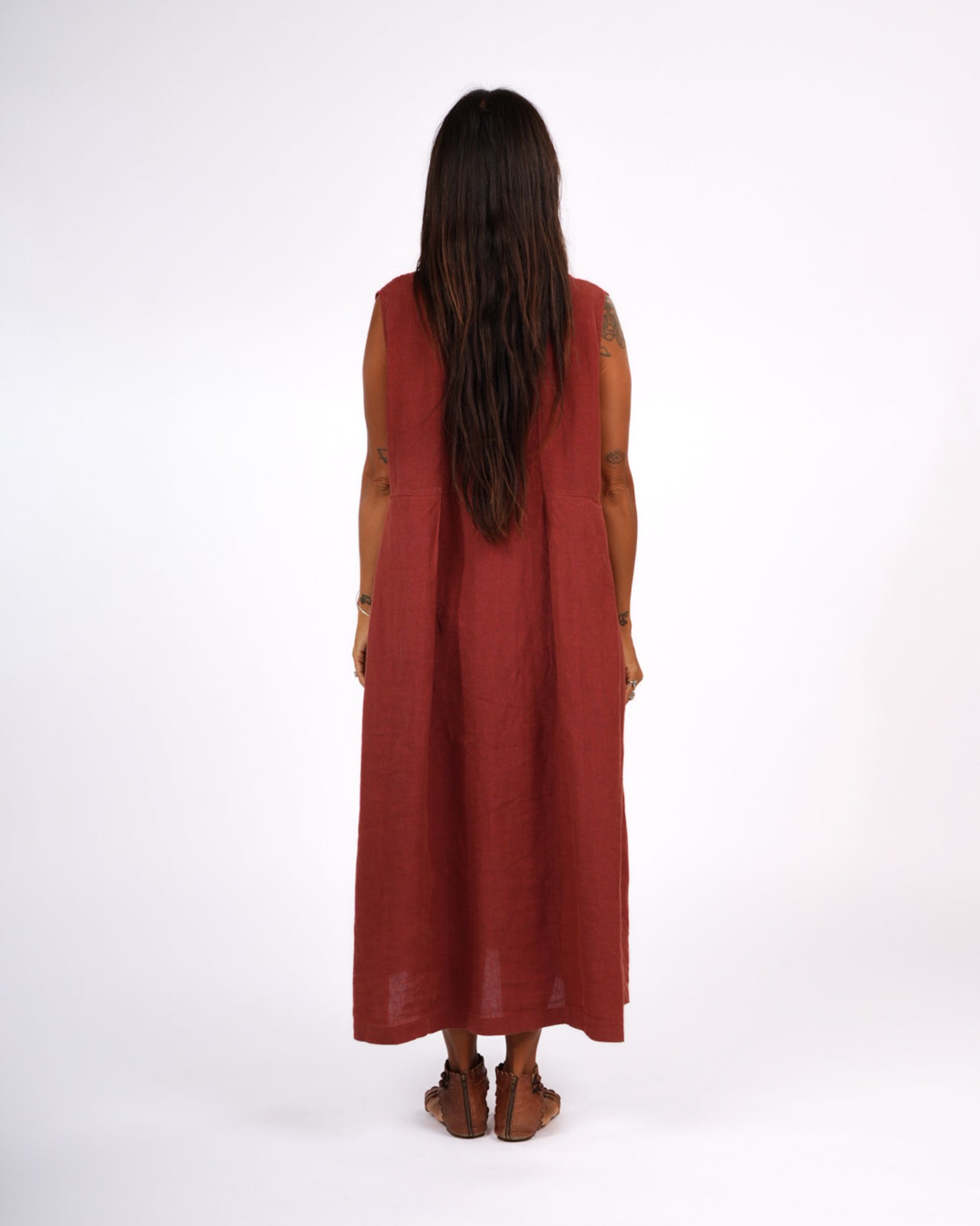 Montaigne Sorrento Button-Through French Linen V-Neck Dress Rust2