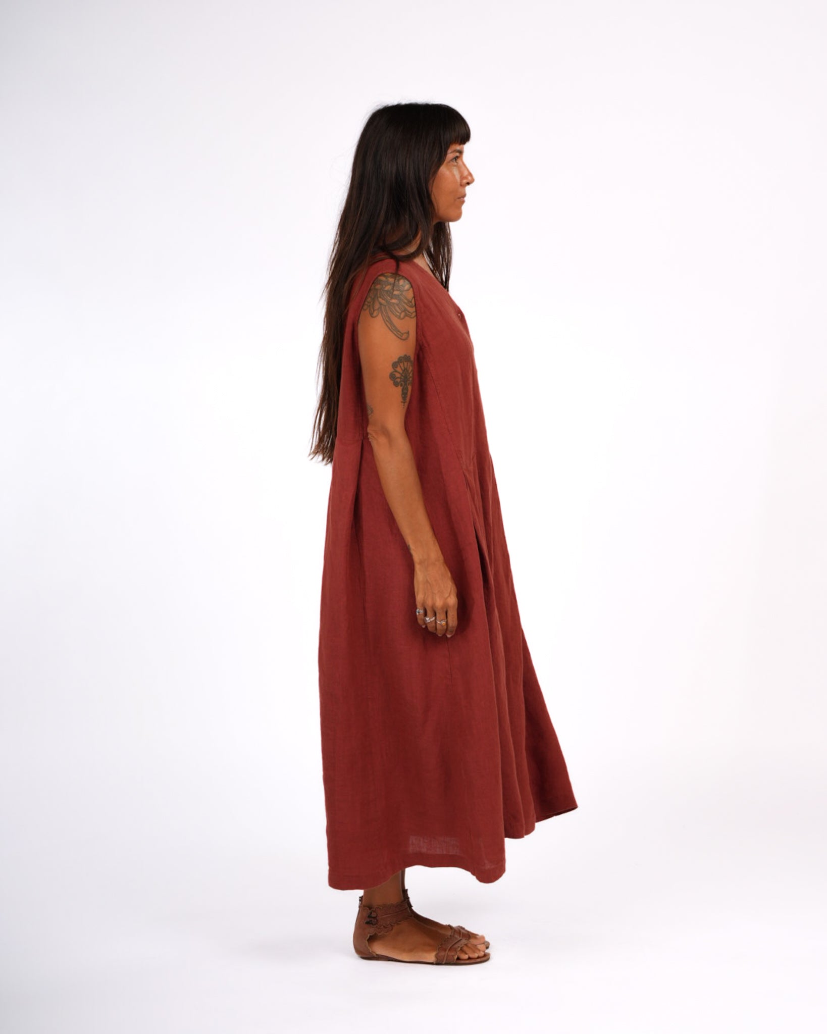 Montaigne Sorrento Button-Through French Linen V-Neck Dress Rust3