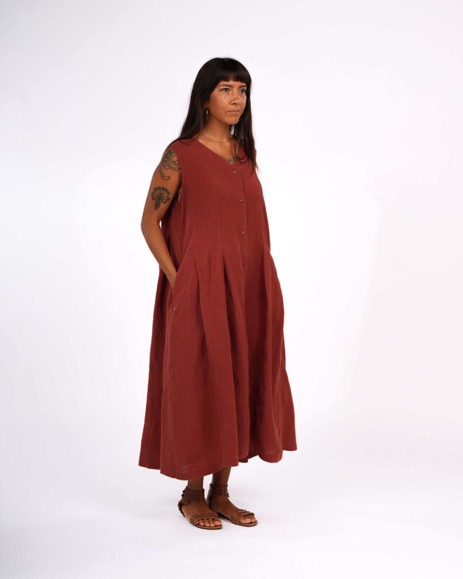 Montaigne Sorrento Button-Through French Linen V-Neck Dress Rust4
