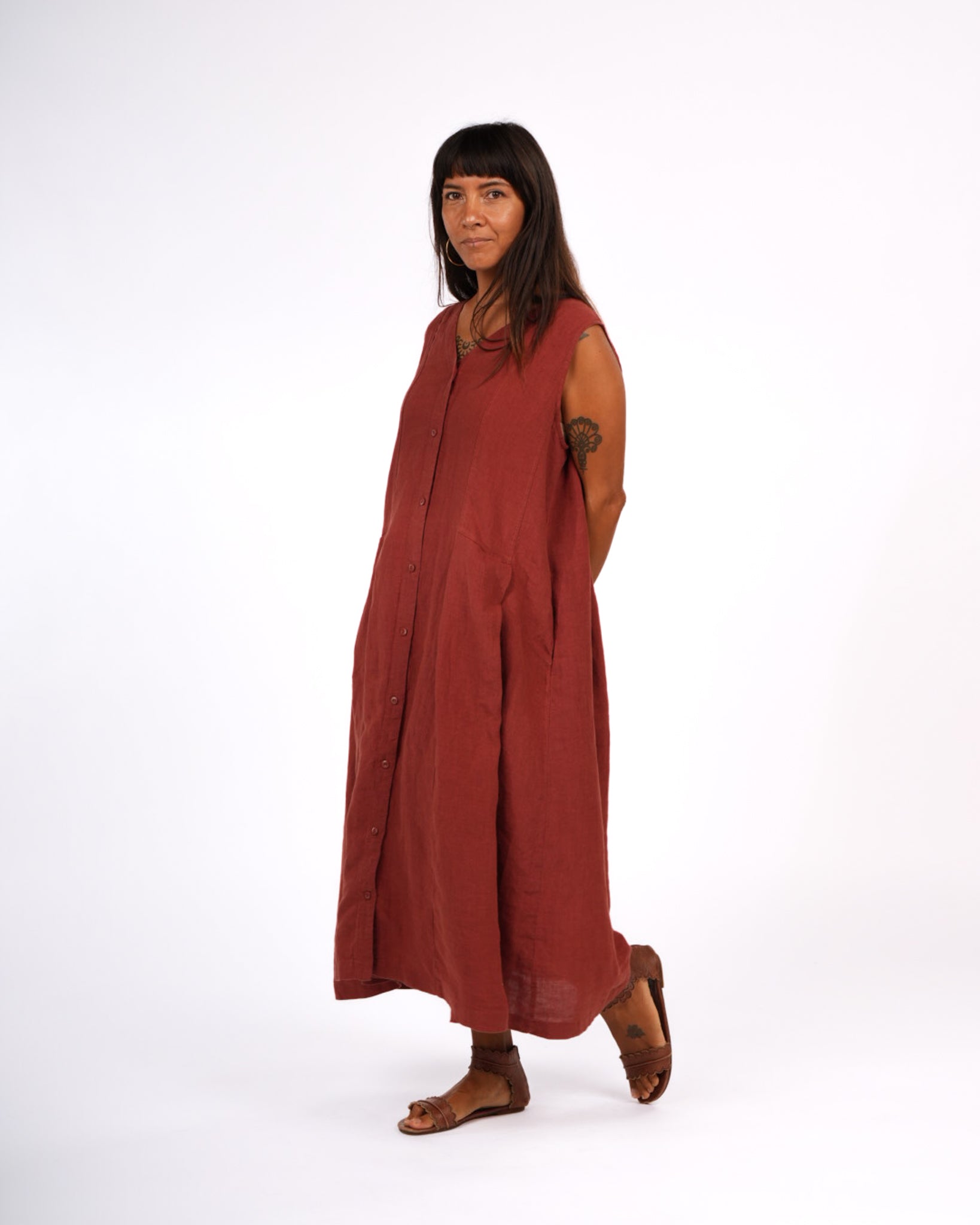 Montaigne Sorrento Button-Through French Linen V-Neck Dress Rust5