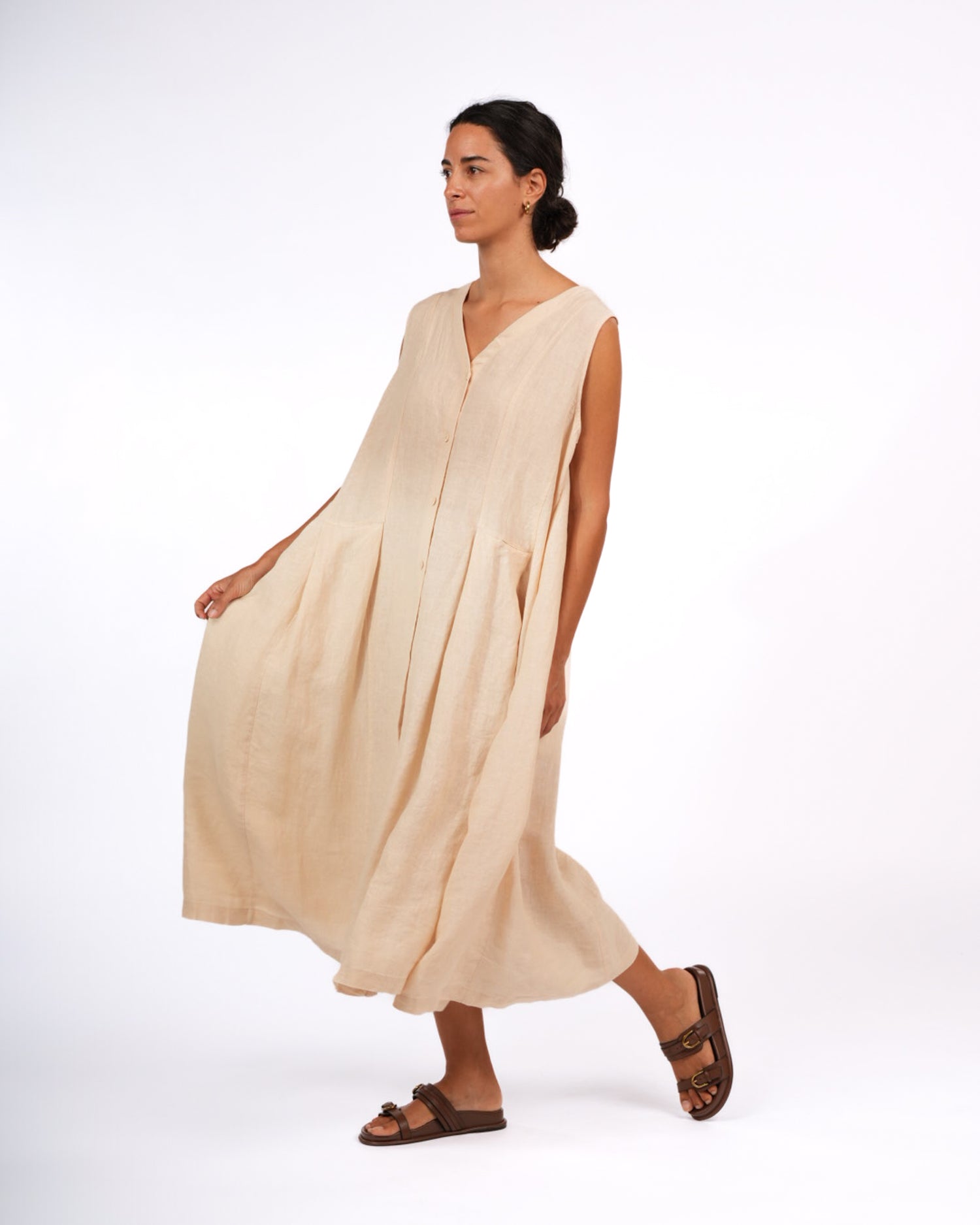 Montaigne Sorrento Button-Through French Linen V-Neck Dress Vanilla