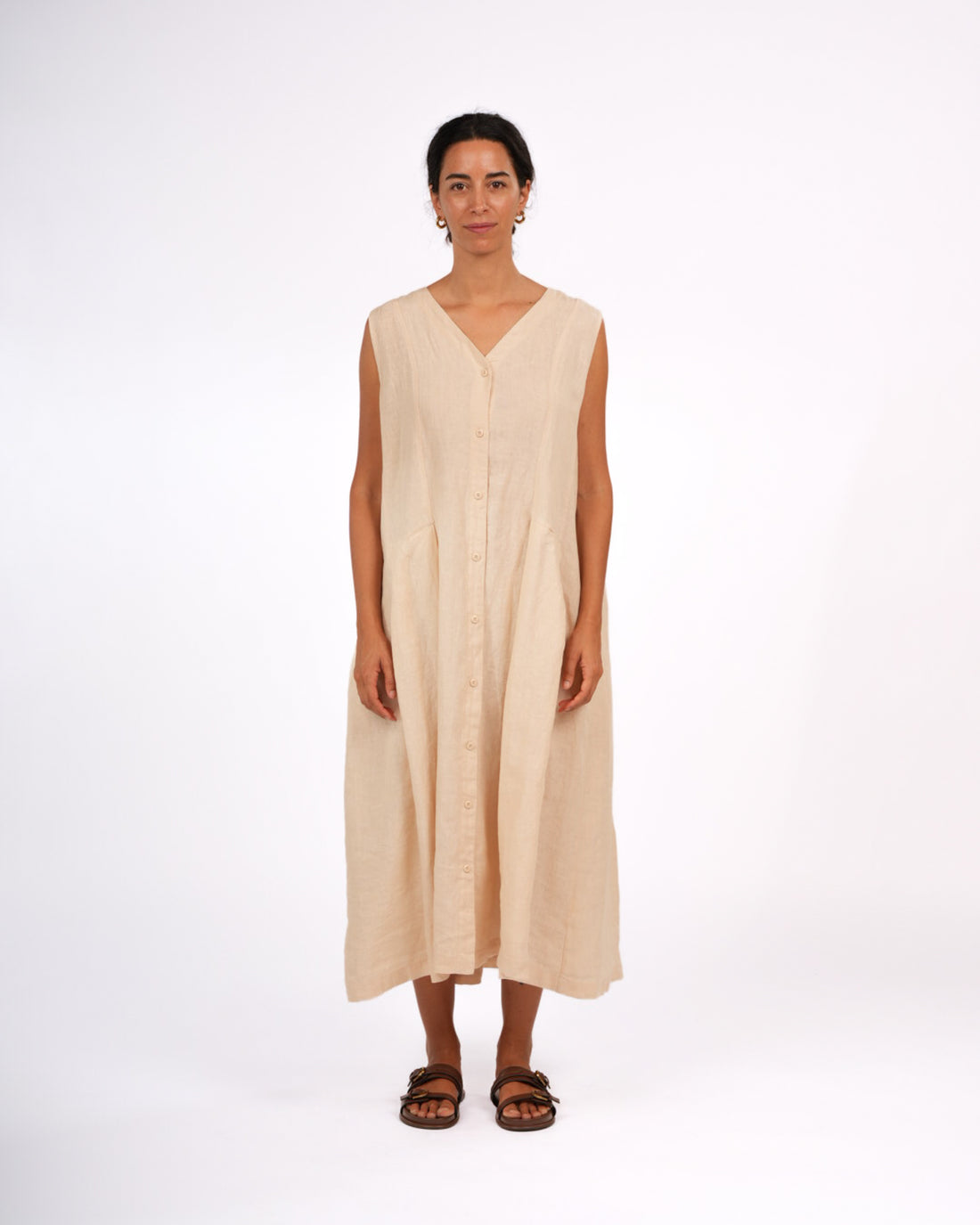 Montaigne Sorrento Button-Through French Linen V-Neck Dress Vanilla1