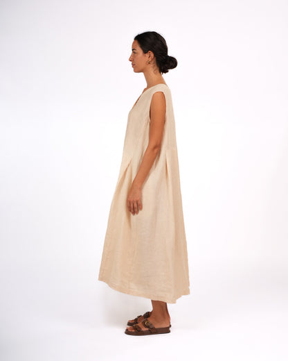 Montaigne Sorrento Button-Through French Linen V-Neck Dress Vanilla2