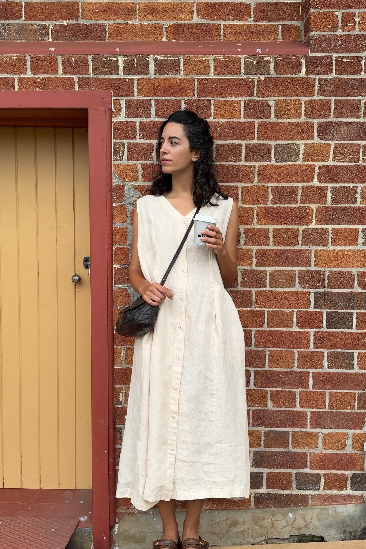 Montaigne Sorrento Button-Through French Linen V-Neck Dress Vanilla