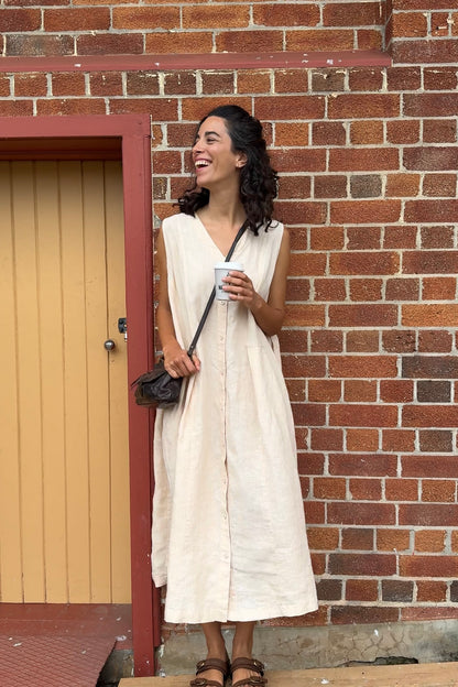 Montaigne Sorrento Button-Through French Linen V-Neck Dress Vanilla