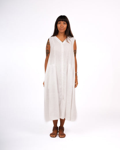 Montaigne Sorrento Button-Through French Linen V-Neck Dress White