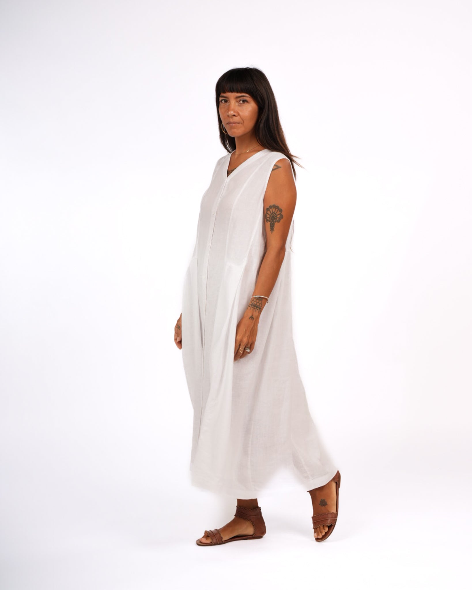 Montaigne Sorrento Button-Through French Linen V-Neck Dress White3