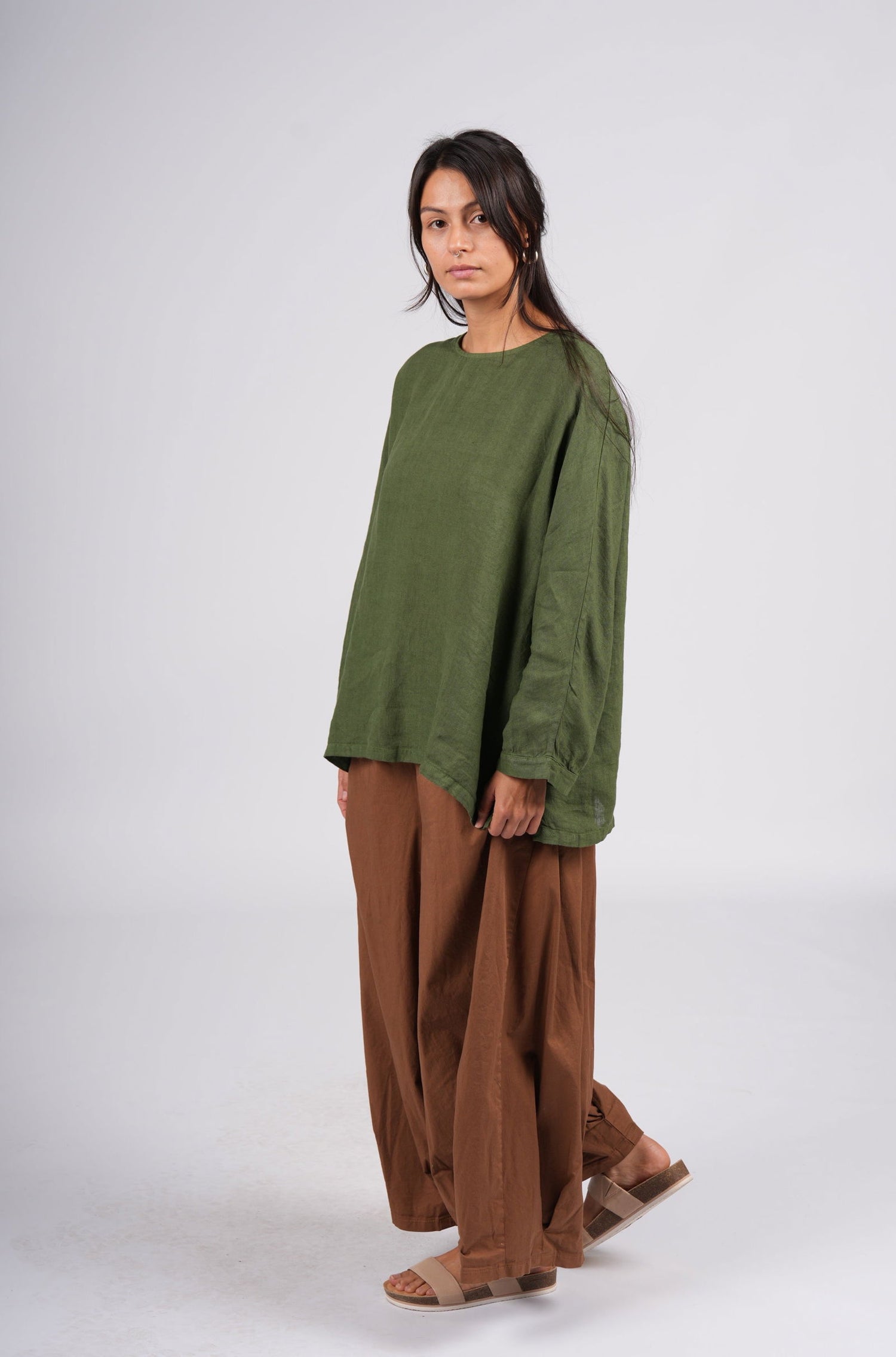 Montaigne Toulouse Linen Long Sleeve Top Forest Green