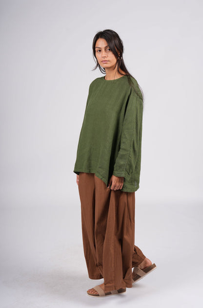 Montaigne Toulouse Linen Long Sleeve Top Forest Green