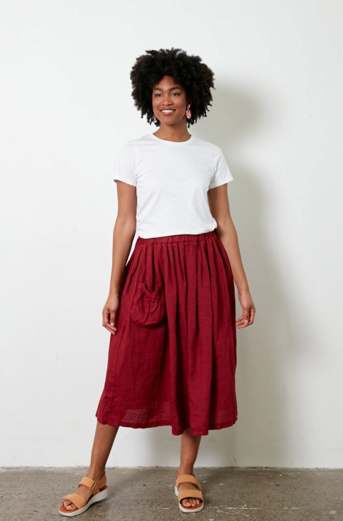 Montaigne Transeasonal Linen Skirt with Front Pocket Barn Red
