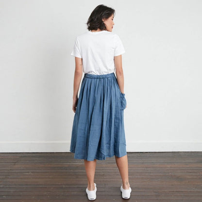 Montaigne Transeasonal Linen Skirt with Front Pocket Denim Blue2