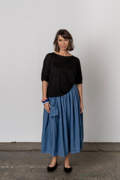 Montaigne Transeasonal Linen Skirt with Front Pocket Denim Blue3