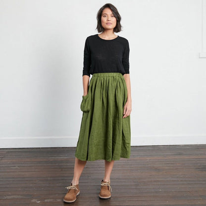 Montaigne Transeasonal Linen Skirt with Front Pocket Forest Green