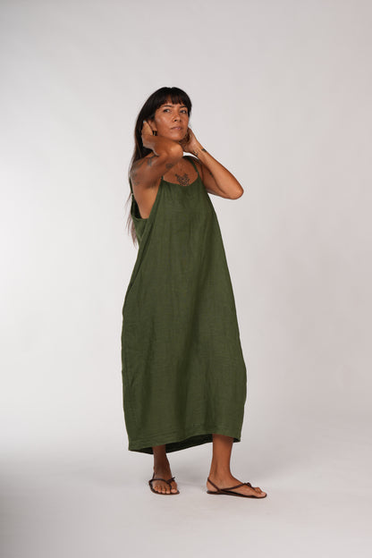 Montaigne Tulipe Linen Slip Dress Forest Green