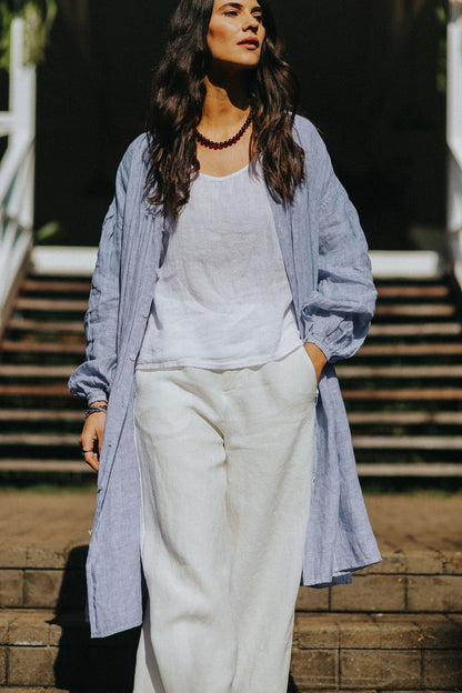 Montaigne Valentina Fine Stripe Linen Dress in Blue