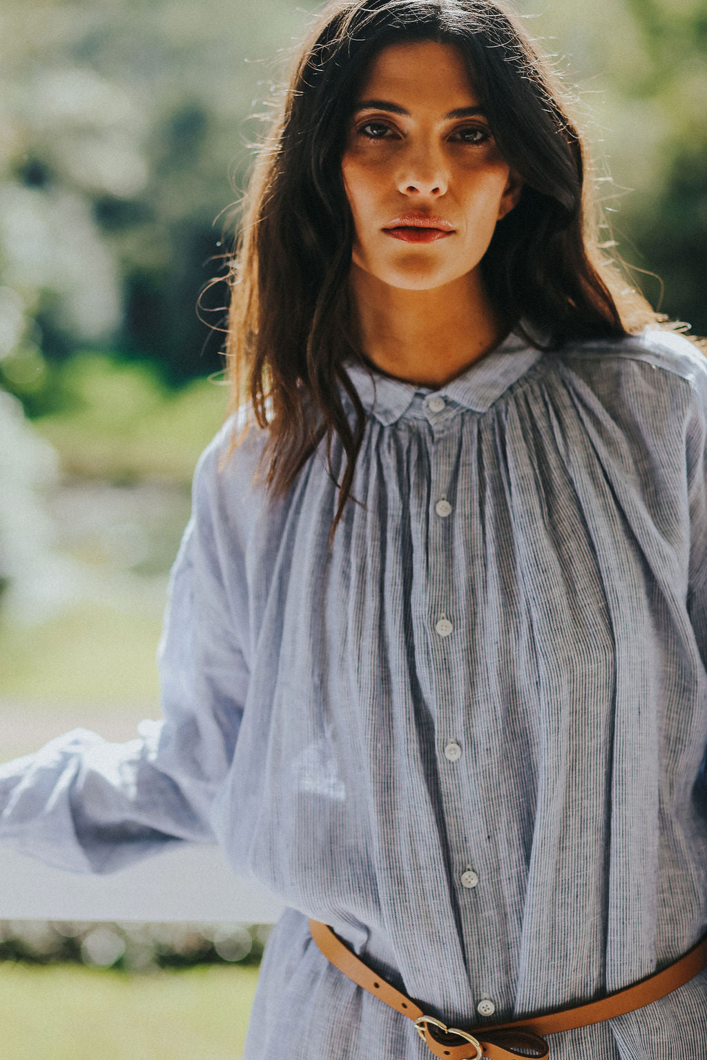 Montaigne Valentina Fine Stripe Linen Dress in Blue3