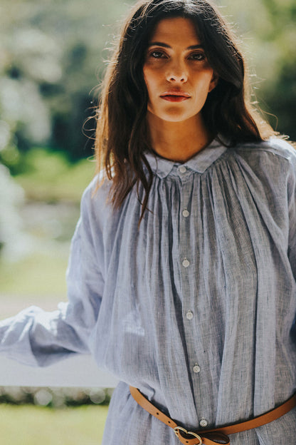 Montaigne Valentina Fine Stripe Linen Dress in Blue3