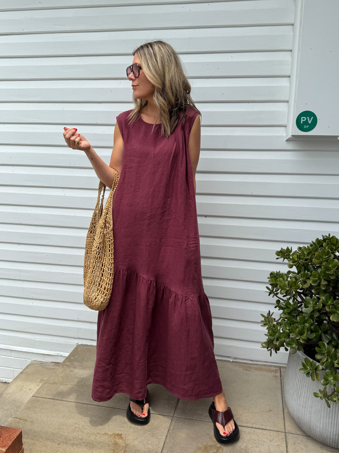 Montaigne Valerie Linen Maxi Dress Wine