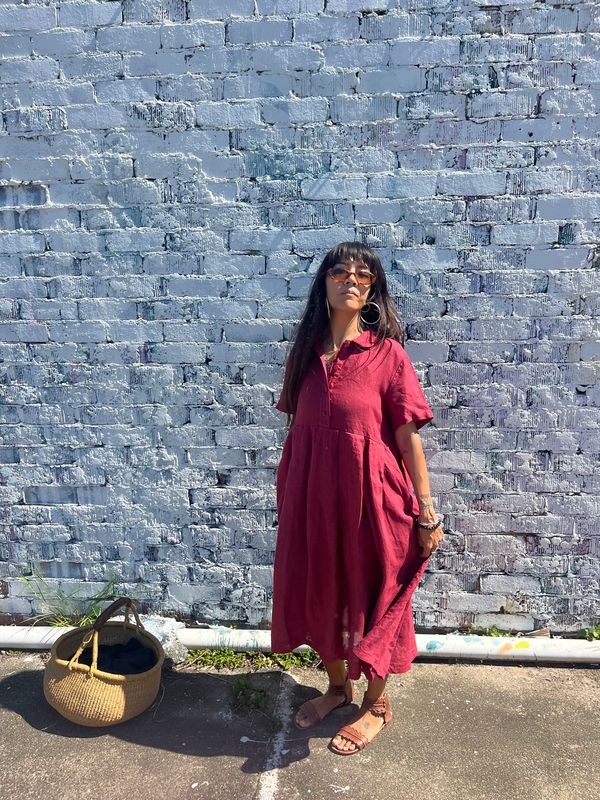 Montaigne Vianne Linen Dress with Pleats and Side Pockets Barn Red1