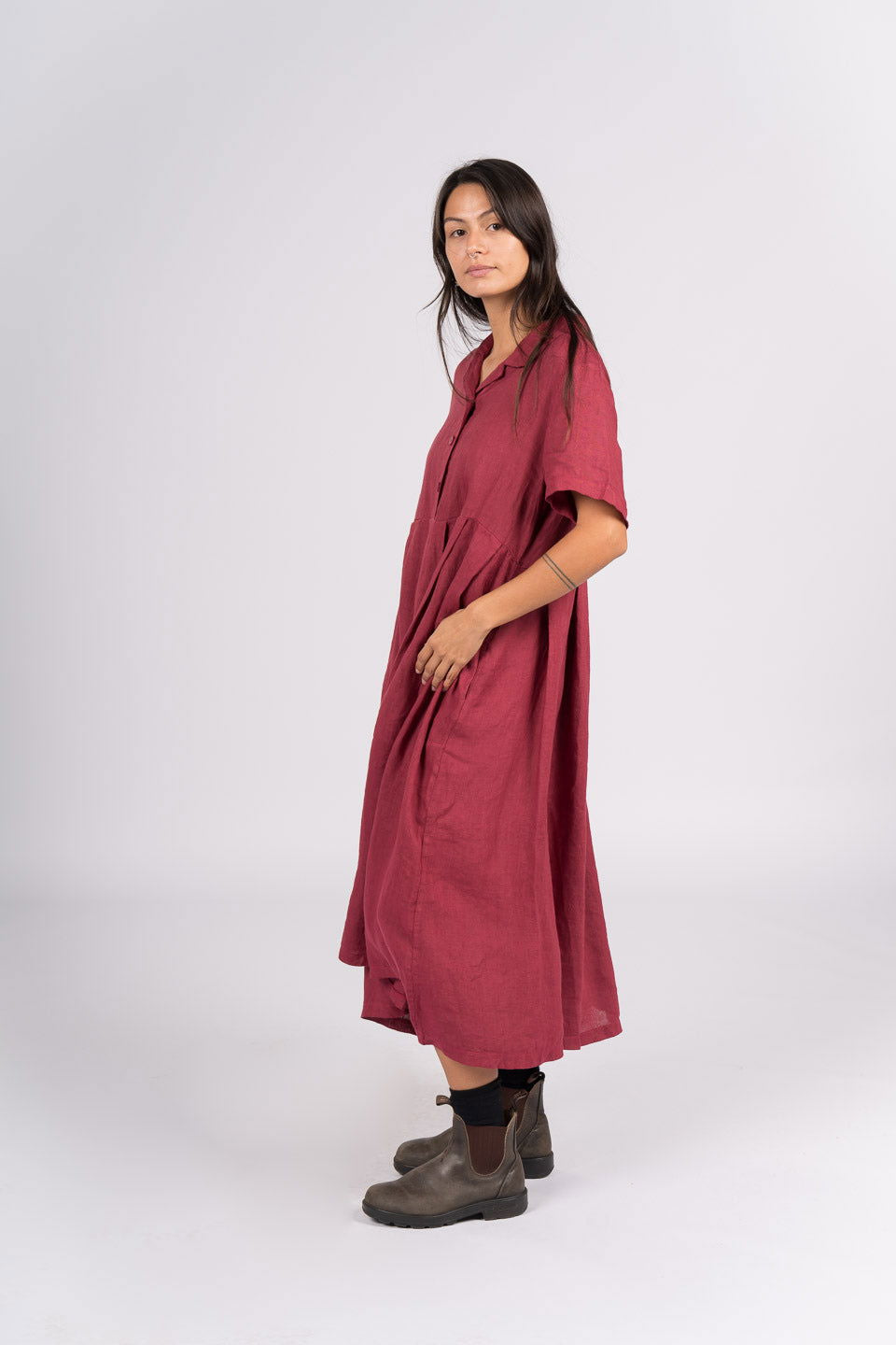 Montaigne Vianne Linen Dress with Pleats and Side Pockets Barn Red3