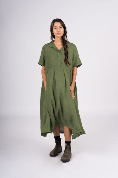 Montaigne Vianne Linen Dress with Pleats and Side Pockets Forest Green3