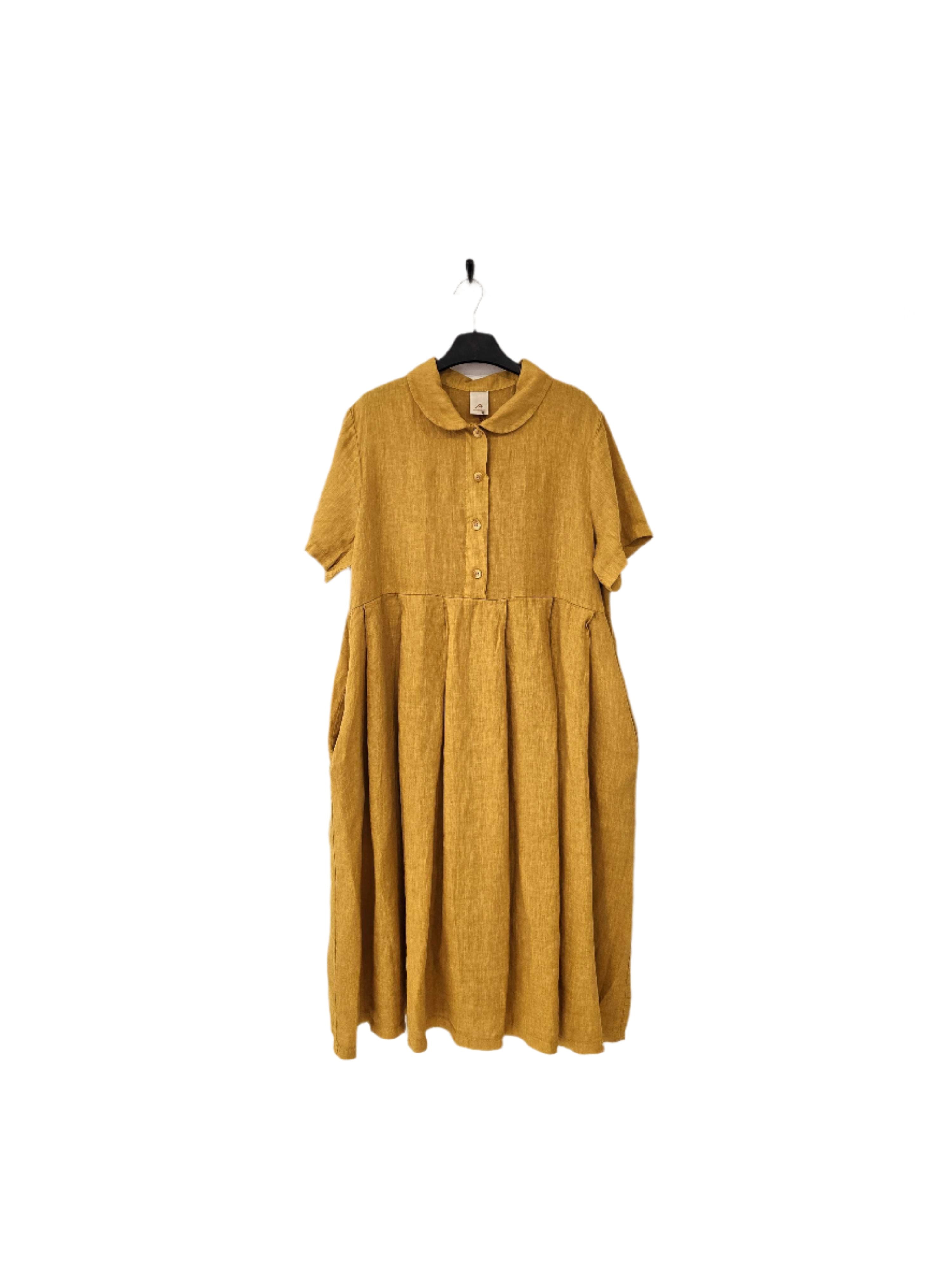 Montaigne Vianne Linen Dress with Pleats and Side Pockets Mustard