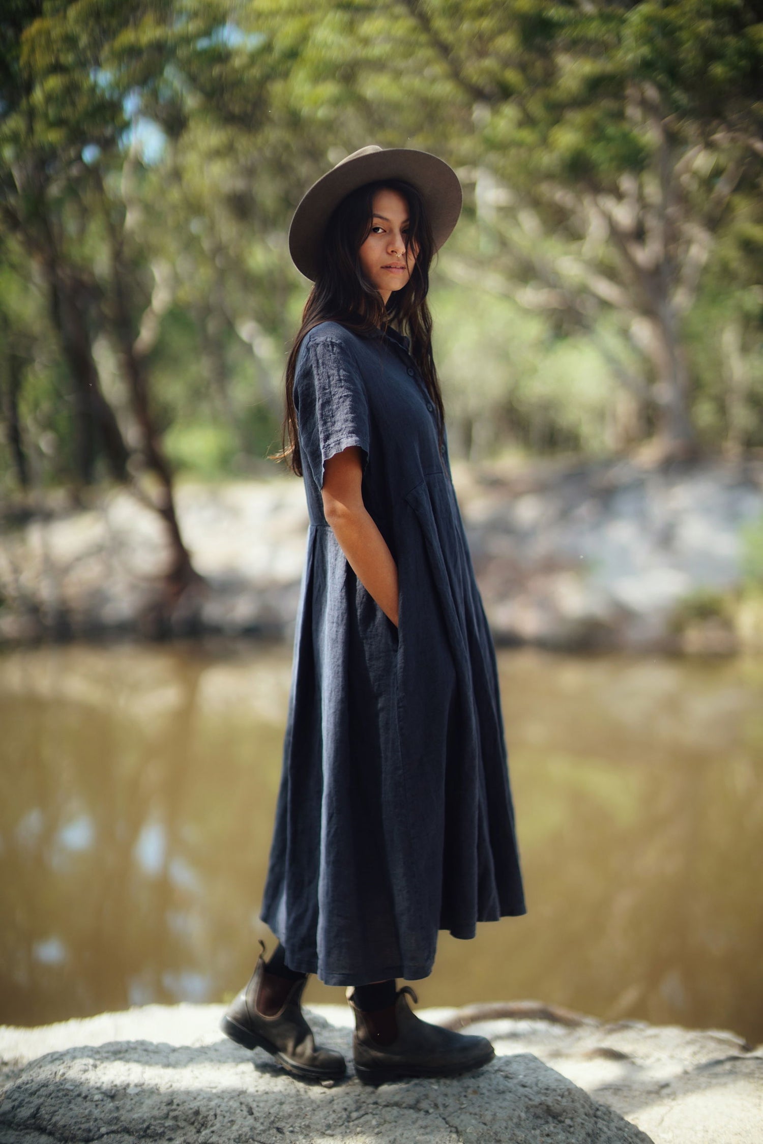 Montaigne Vianne Linen Dress with Pleats and Side Pockets Navy