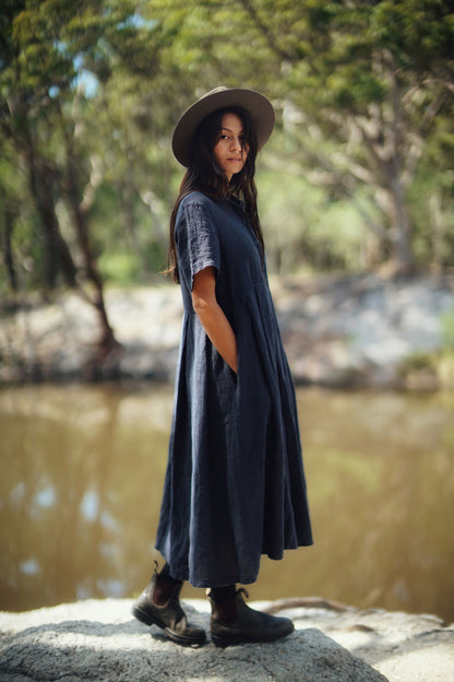 Montaigne Vianne Linen Dress with Pleats and Side Pockets Navy