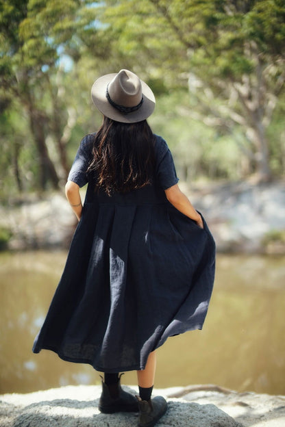 Montaigne Vianne Linen Dress with Pleats and Side Pockets Navy1