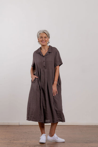 Montaigne Vianne Linen Dress with Pleats and Side Pockets Rum Raisin