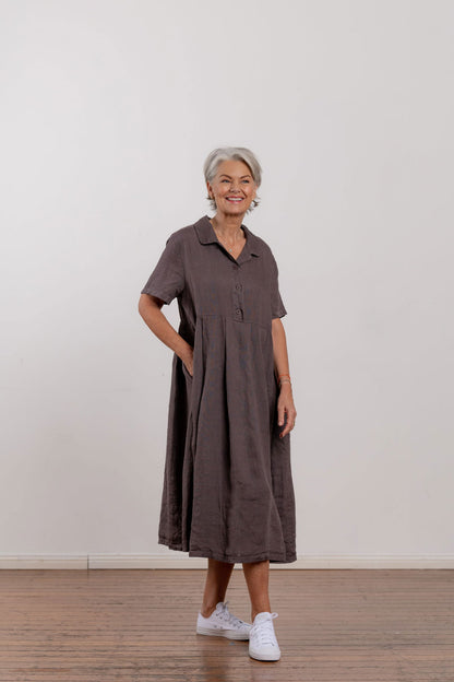 Montaigne Vianne Linen Dress with Pleats and Side Pockets Rum Raisin1