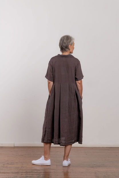 Montaigne Vianne Linen Dress with Pleats and Side Pockets Rum Raisin2