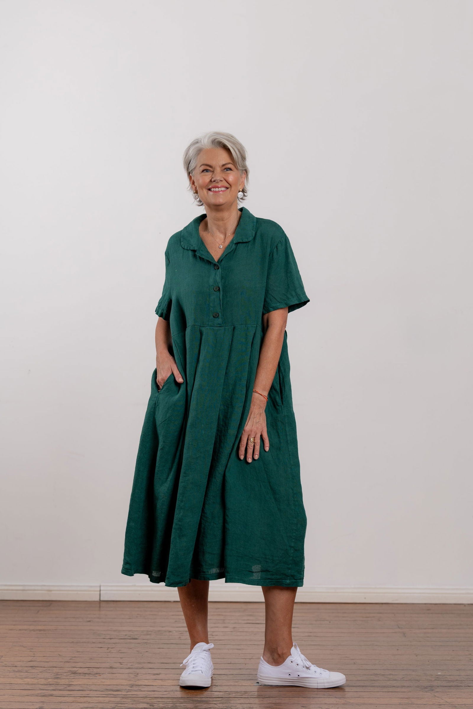 Montaigne Vianne Linen Dress with Pleats and Side Pockets Teal