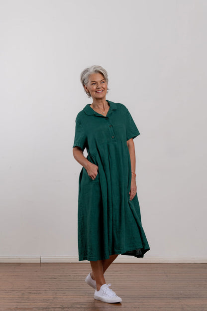 Montaigne Vianne Linen Dress with Pleats and Side Pockets Teal1