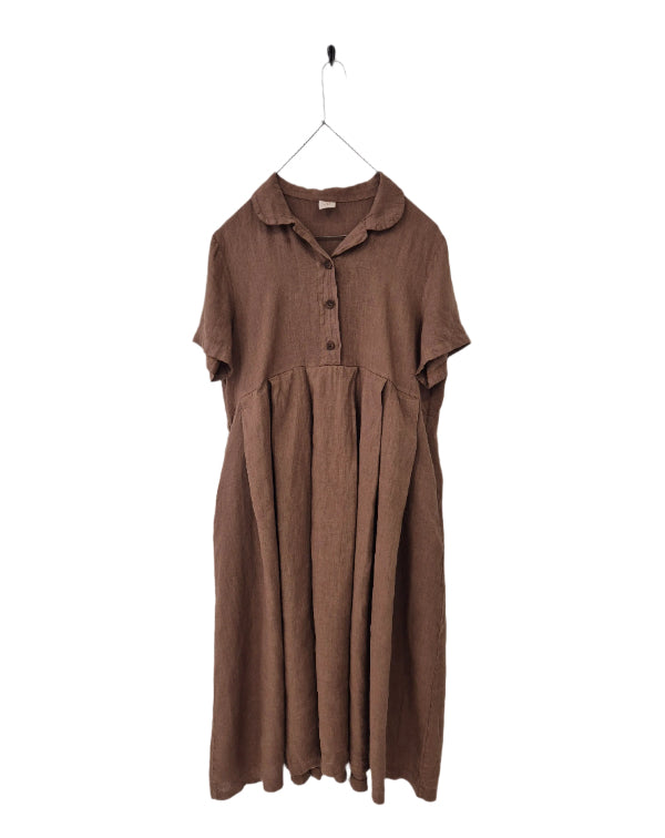 Montaigne Vianne Linen Dress with Pleats and Side Pockets Tobacco